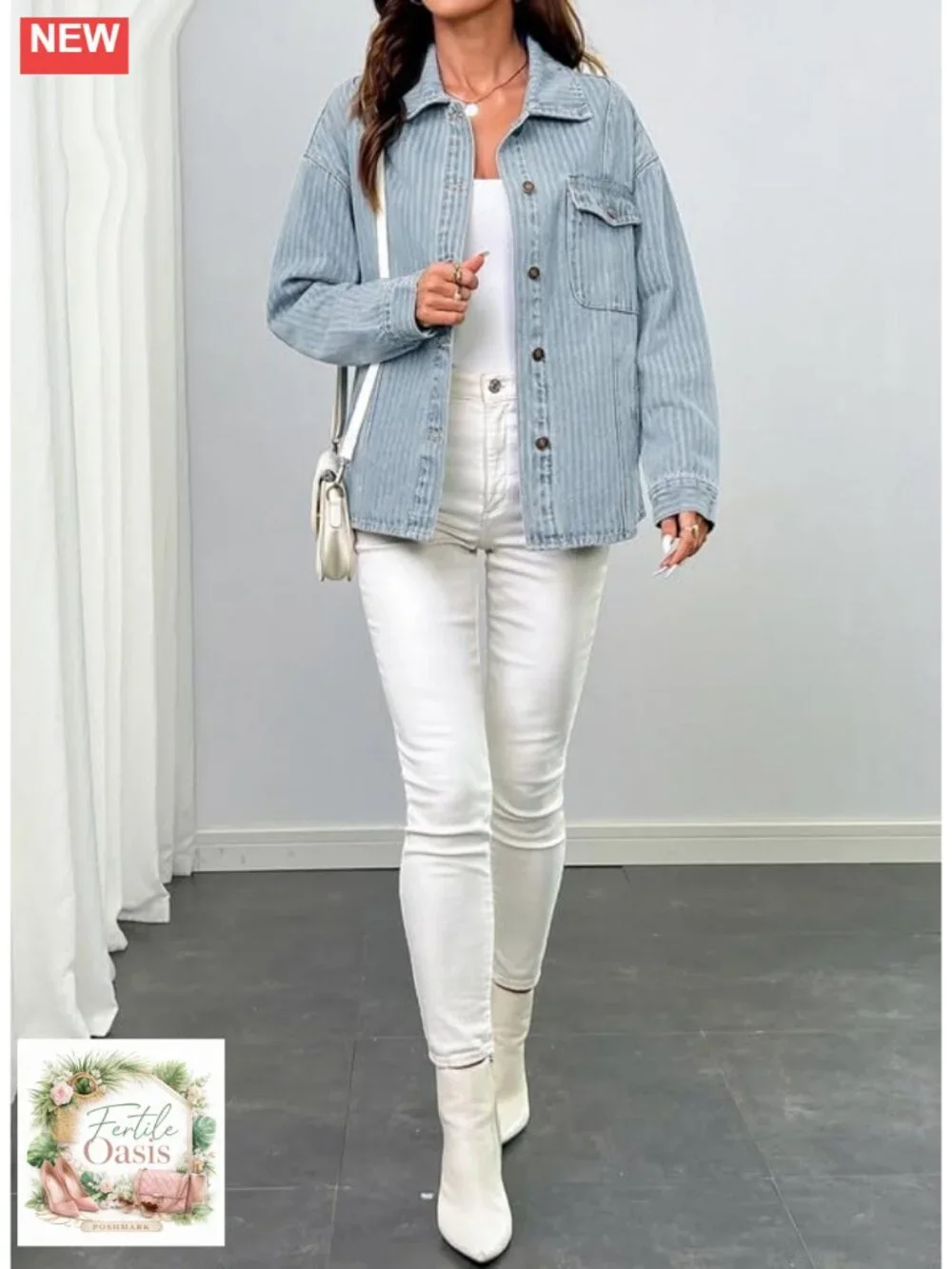 Women's Striped Denim Shacket Button Down Cotton Blend Jacket